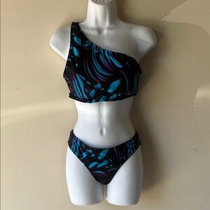 Vintage OP One-Shoulder Blue and Black Women's Swimwear